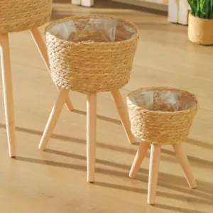 Rattan Flower Basket Wooden Plant Pot Rack Household Indoor Holder - Picture 1 of 12