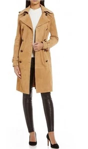 Katherine Kelly Sally Natural Suede Double Breasted Buttons Belt Trench Coat M - Picture 1 of 3