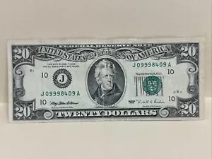 $20 Twenty Dollar Bill Federal Reserve Note 1995 Kansas City J 09998409 A - Picture 1 of 3