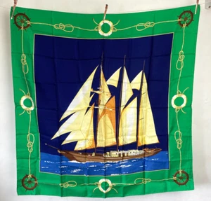 Vintage Silk Square Neck Scarf Head Scarf Neckerchief Blue Nautical Sailing 80s - Picture 1 of 6