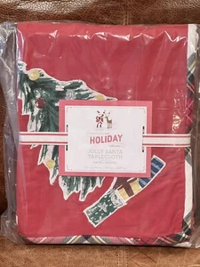 Pottery Barn Kids Jolly Santa Holiday Christmas Tablecloth Red w/Plaid 70" x 90" - Picture 1 of 3