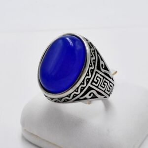 MEN RING BLUE SAPPHIRE SYN STAINLESS STEEL SILVER TURKISH OTTOMAN OVAL HUGE # 10