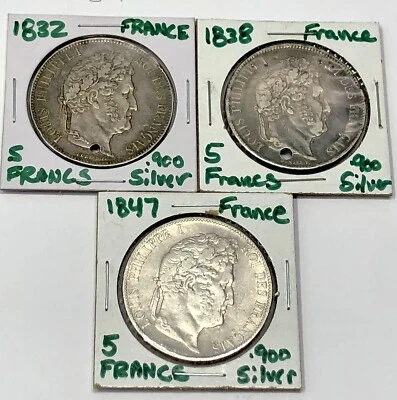Large Silver 5 Francs Lot 1832, 1838, 1847 France Louis Philippe Crown .835 Coin - Image 1 of 4