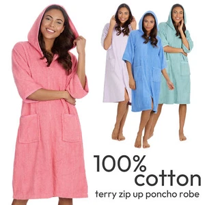 Ladies Terry Hooded Gown 100% Cotton Beach Zip Up Poncho Towel Beachwear 10-24 - Picture 1 of 29