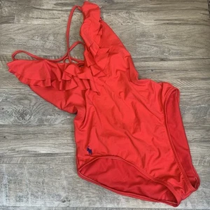 Polo Ralph Lauren Pony Logo One Piece Plunge Ruffle Trim Cross Back Swimsuit S - Picture 1 of 12