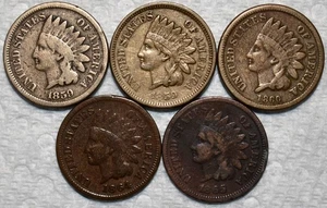 5x Early Indian Head Cents, 2x 1859, 1860, 1864-L, & 1865 - Picture 1 of 2