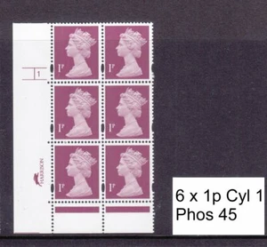 GB 1997 - 1p Grabado por computadora 2 bandas - U69B 6 x 1p Cyl 1 sin punto MNH - Imagen 1 de 1
