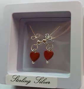 earrings silver 925, Charming Minimalist Heart, Red Jasper Natural, Beautiful... - Picture 1 of 7