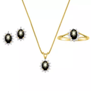 Rylos Gold Plated SilverJewelry Set Simulated Black Star Sapphire & Diamond 6X4 - Picture 1 of 4