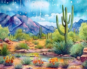 Frühlingssturm Sonora Wüste Saguaro Kaktus Berge Arizona Kunstdruck 8 x 10 - Bild 1 von 3
