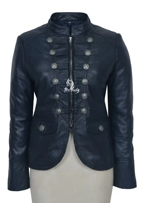 SCARLET Ladies Leather Jacket Navy Studded Military Style Real Leather Jacket - Image 1 of 4