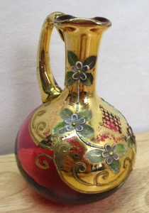 Antique Bohemian Ruby Cranberry Murano Pitcher Gold Gilt Enamel Flowers 5" High - Picture 1 of 21