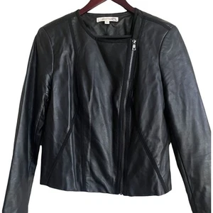 Y2K Ellen Tracy Women Jacket M Black Faux Leather Moto Zip Edgy Punk Bikercore - Picture 1 of 11