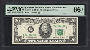 United States-Federal Reserve 20 Dollars 1990 Fr#2077-B (BL Block) UNC Grade 66 - Picture 1 of 2
