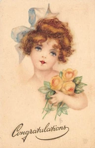 Postcard: Pretty Girl with Roses, Congratulations, Primus Pastella #2064 DB 1910 - Picture 1 of 2