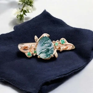 14k Rose Gold 7x5 mm Pear Cut Moss Agate Twig Leaf Women Wedding Gift Ring - Picture 1 of 10