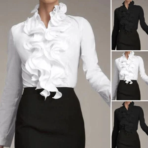Womens Long Sleeve Collar Tops Shirt Ladies Ruffled High Neck T-Shirt Blouse Tee - Picture 1 of 12