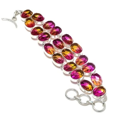Bi-Color Tourmaline Gemstone Handmade 925 Solid Sterling Silver Jewelry Bracelet - Image 1 of 4