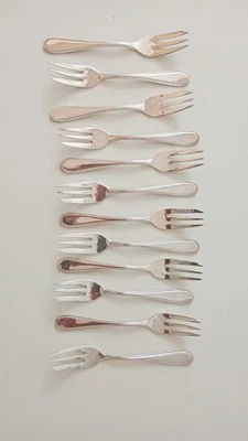 12 fourchettes à gâteau, entemets en métal argenté RAVINET DENFERT, modèle perle - Photo 1/4