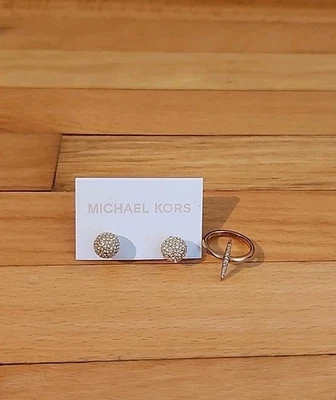 MICHAEL KORS Signature Gold Tone Crystals Stud Earrings And RING SIZE 7 - Image 1 of 4