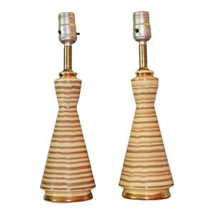 Vintage Mid Century Modern Keramik Tischlampen 2er Set braun beige 14 Zoll hoch - Bild 1 von 10