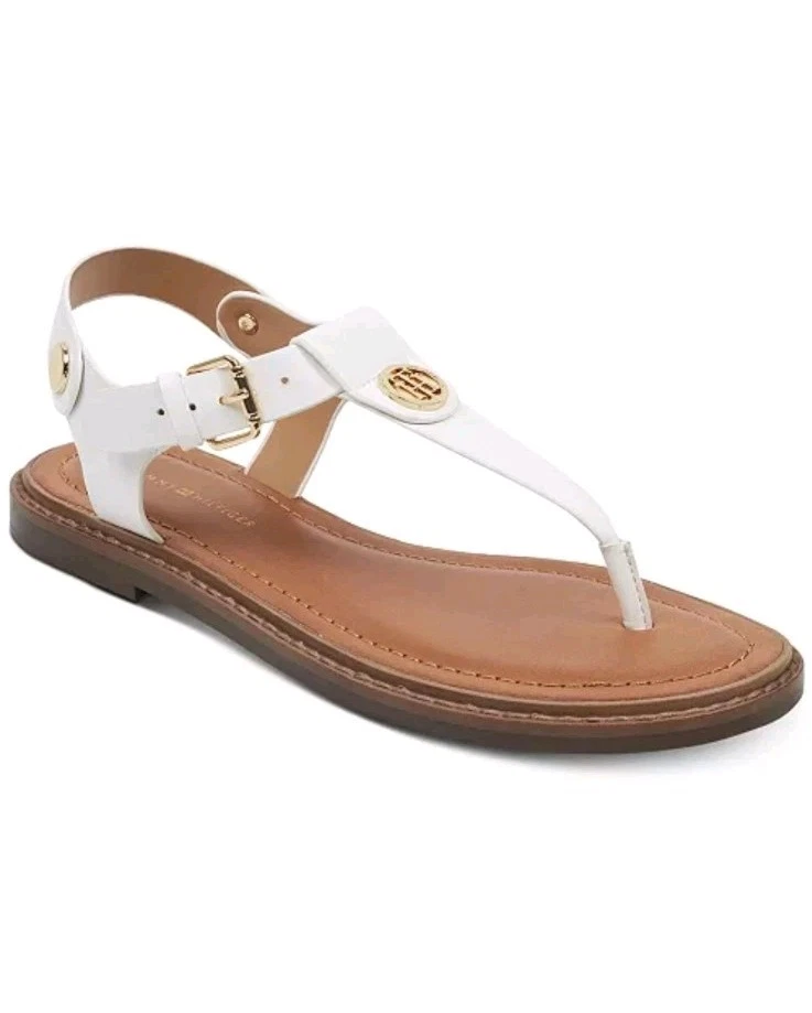 Tommy Hilfiger Mujer Bennia Blanco Tanga Plano Sandalias Talla 8 Logo Acento Foto 1 de 4