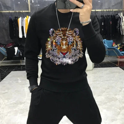 New Fashion Tiger Rhinestones Winter Warm Hoodie Men Luxury Sweatshirt Pullover - Image 1 of 4