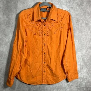 Roughrider Western Shirt Womens Large Orange Metallic Rhinestones Pearl Snap - Picture 1 of 9