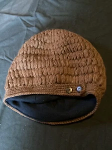 Brown Knitted Nepalese Woollen Slouch Beanie~Handmade~Fleece Lining~Cute Buttons - Picture 1 of 3
