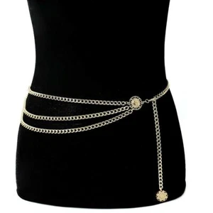 Women Vintage Gold Coin Metal Retro High Waist Charm Waistband tassel Chain Belt - Picture 1 of 7