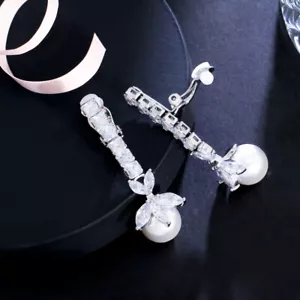 Cubic Zirconia Amerian Crystal Leaf Pearl Dangle Earrings Non Piercing for Women - Picture 1 of 13