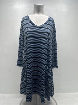 Удобный США туника верхняя рубашка 3/4 рукав v-образным вырезом карманы в полоску черный синий L большой - Изображение 1 из 4