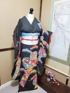 Antique Japanese Furisode Kimono, Black Silk With Pine & Kikko With Flowers set - Picture 1 of 18