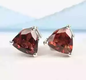 14K White Gold Plated Trillion Cut 2Ct Lab Created Red Garnet Women Stud Earring - Picture 1 of 4