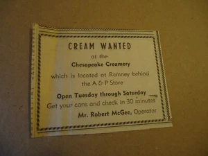 Chesapeake Creamery 1952 Latte lattiero-casearia pubblicità stampa ROMNEY WV - Foto 1 di 1