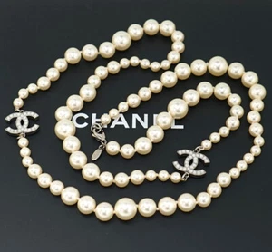 CHANEL CC Logos Pearl Necklace Necklace 34" Silver Tone 10V Auth w/Box #20240 - Picture 1 of 6