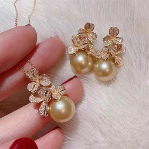Fashion AAA+ 9-10mm natural Gold South Sea Round pearl PENDANT Earrings set - Picture 1 of 6