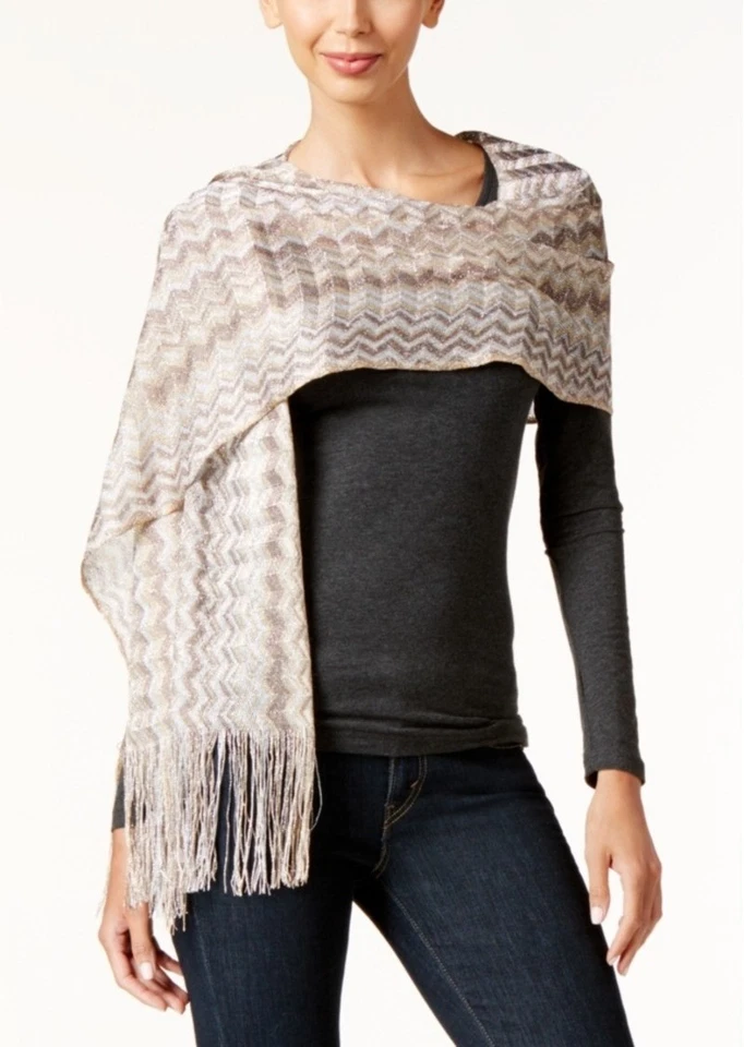 Inc International Concepts Women's Metallic Zig Zag Scarf Camel One Size