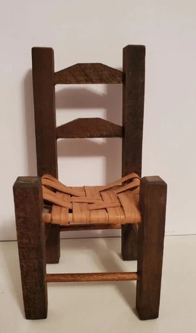 Vintage 1980s Weave Caned Seat Ladder Back Rustic Doll Chair 8.25" H Cover