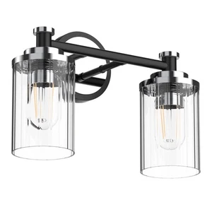 Bathroom Light Fixture, Black and Chrome 2-Light Vanity Light with Cylindrical C - Picture 1 of 10