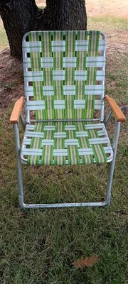 folding lawn chair vintage beach chair webbed wood arms Green yellow white - Image 1 of 4