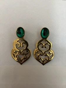 Vintage Dauplaise Ohrringe signiert grün goldfarben Türklopfer Schraubclip hinten  - Bild 1 von 3