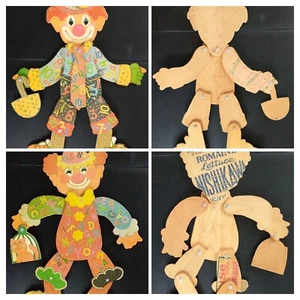 Set/2 Vtg Cardboard Jointed Clowns Mounted On Wooden Produce Crates ABCs & 123s - Picture 1 of 20
