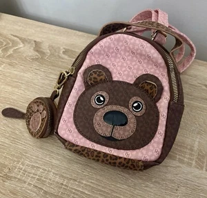 River Island girls brown pink mini monogram bear backpack rucksack bag / purse - Picture 1 of 7