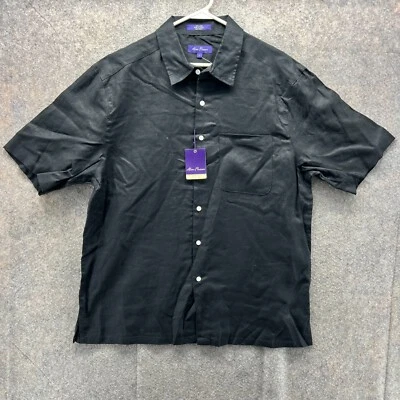 Camisa Alan River Para Hombres Grande Negra Con Botones Lino Preppy Abotonada NUEVA Foto 1 de 4