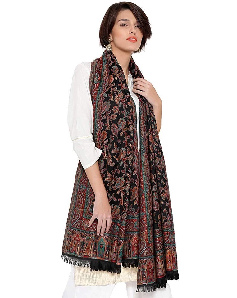 Large Shawl Genuine Hand-Cut Kani Paisley Wool Jamavar Shawl Wrap Pashmina Black - Image 1 of 2
