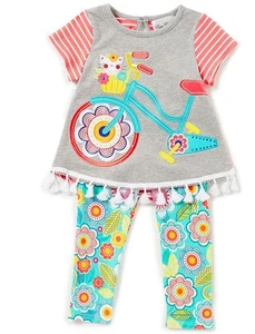 Ediciones raras Little Girl Bicicleta floral Gatito Vestido Legging Outfit 2T - 6X Nuevo - Imagen 1 de 2