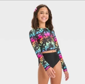 Girls' Tropical Ombre Design Rash Guard Swim Top - art class-Black-Size XLarge - Picture 1 of 4