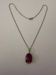 Bezel Gemstone Oval Pendant Necklace 16” Gold Plated Ruby Dyed - Picture 1 of 4