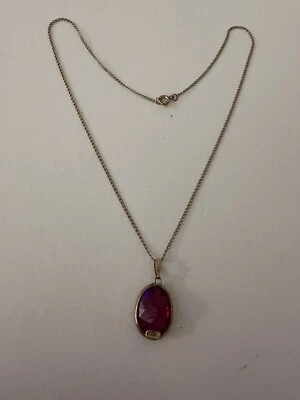 Bezel Gemstone Oval Pendant Necklace 16” Gold Plated Ruby Dyed - Image 1 of 4